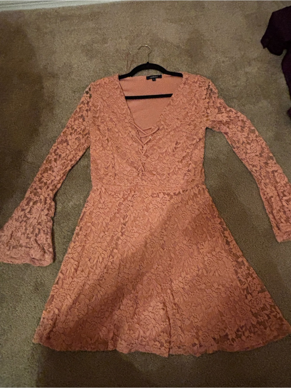 Ambiance Dusty Rose Lace Midi Dress with V-Neck and Bell Sleeves